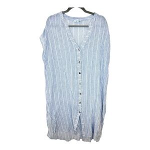 Blue Island Striped Button Maxi Tunic Dress | XL Coastal Linen Beach Vacation